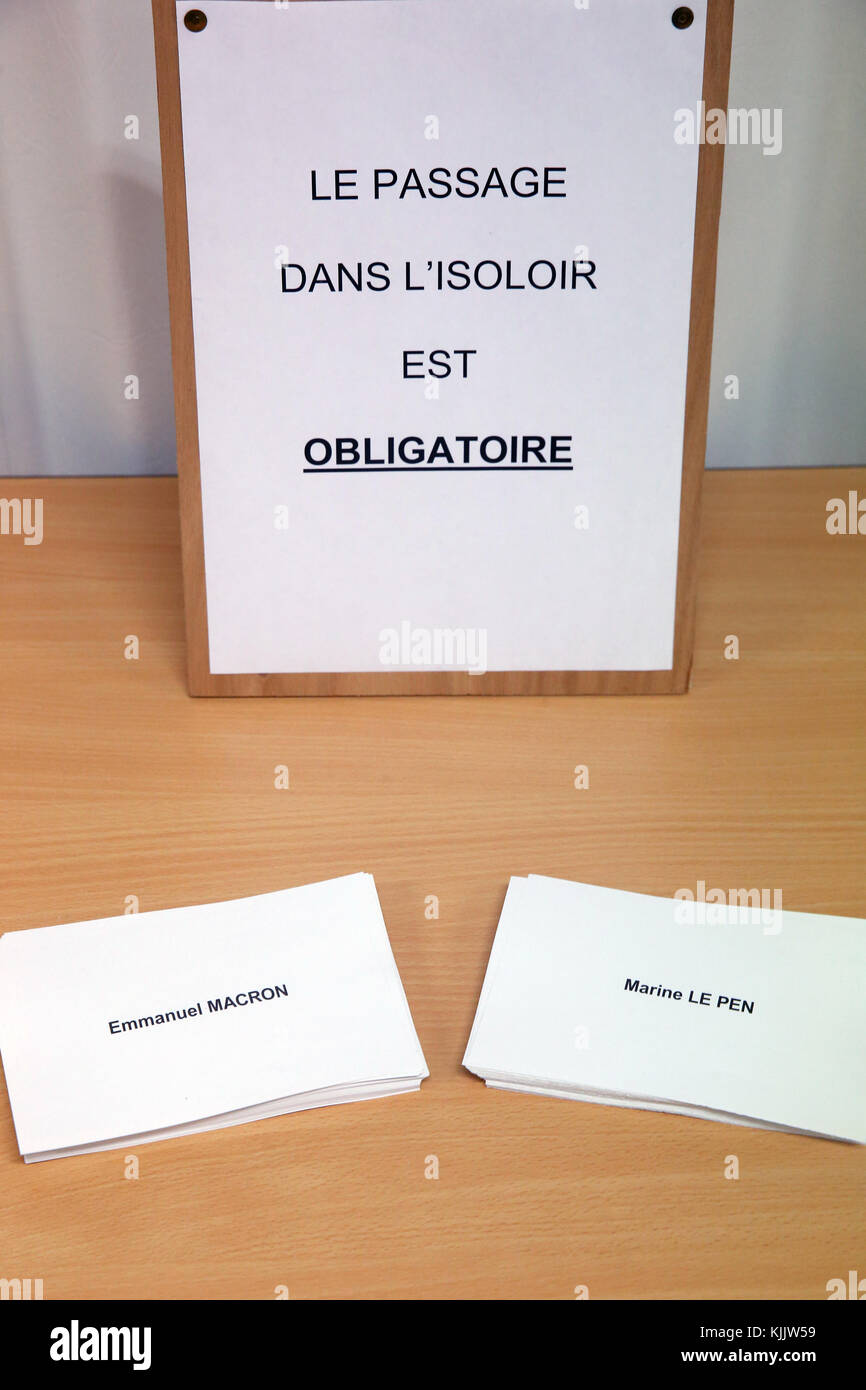 2017 French presidential election. Polling Booth. Marine Le Pen VS Emamnuel Macron.  France. Stock Photo