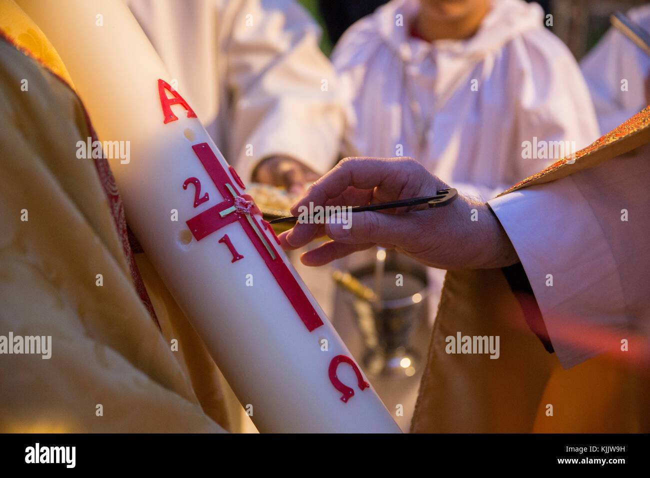 Easter vigil at Notre Dame du Travail catholic church, Paris. New