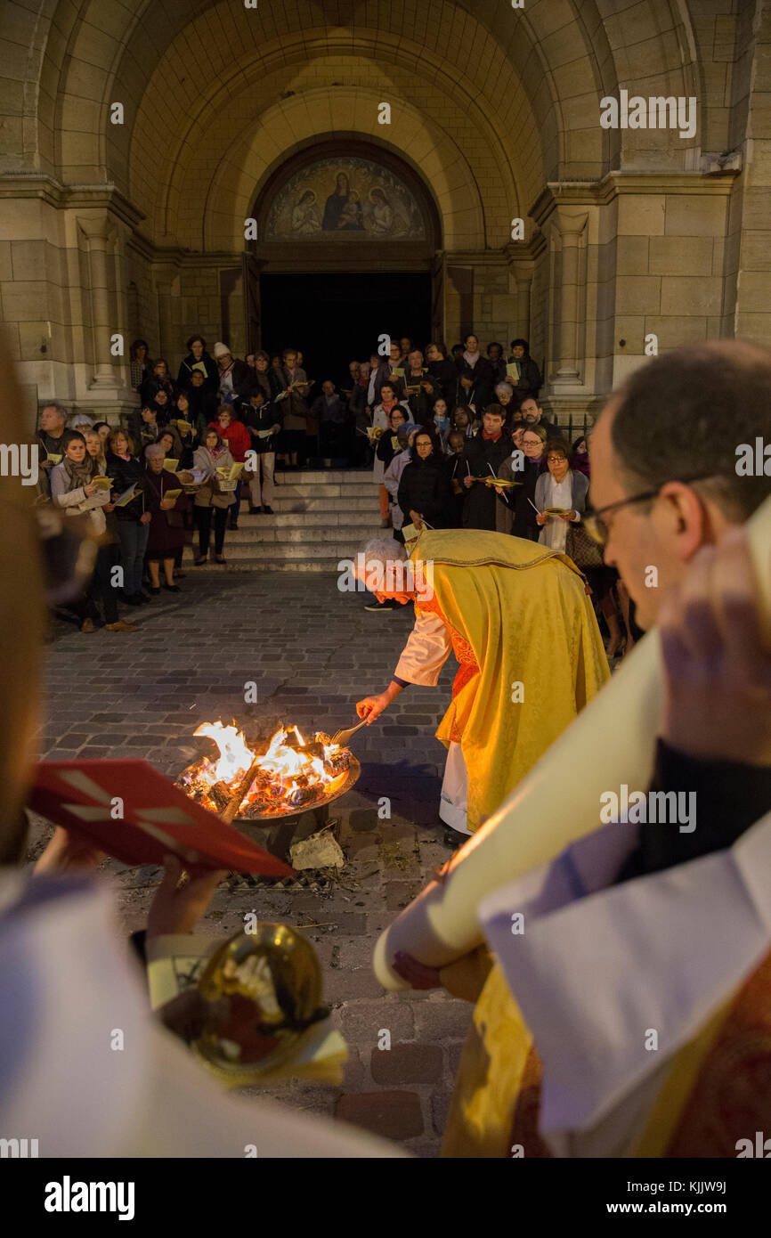 Easter vigil at Notre Dame du Travail catholic church, Paris. France. Stock Photo