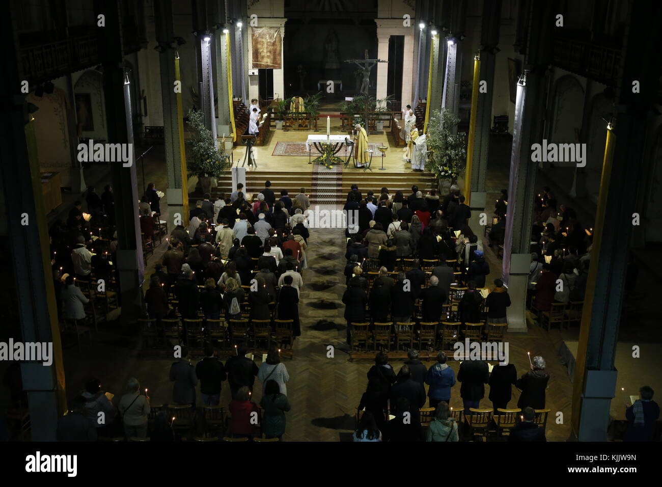 Easter vigil at Notre Dame du Travail catholic church, Paris. France. Stock Photo