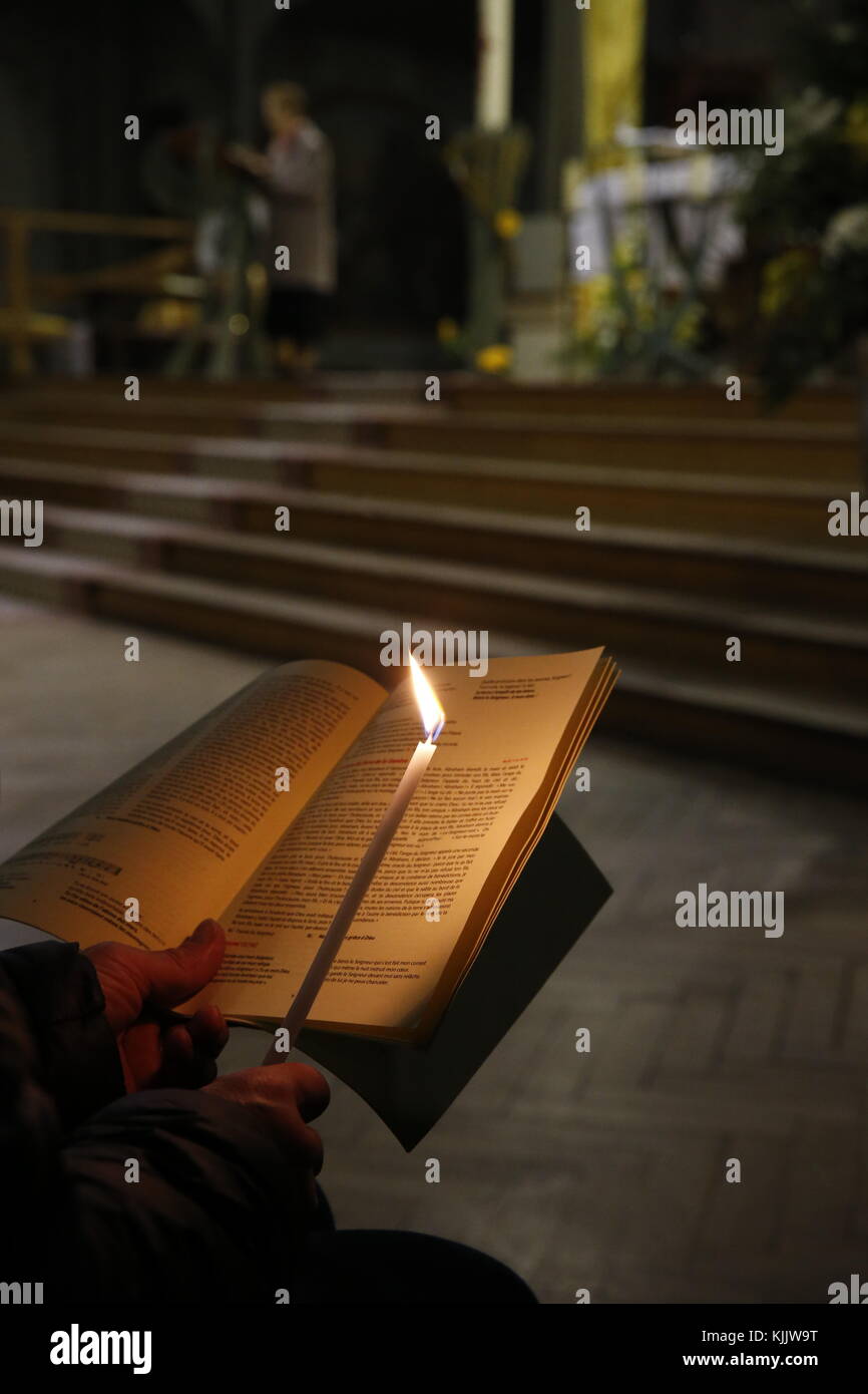 Easter vigil at Notre Dame du Travail catholic church, Paris. France. Stock Photo