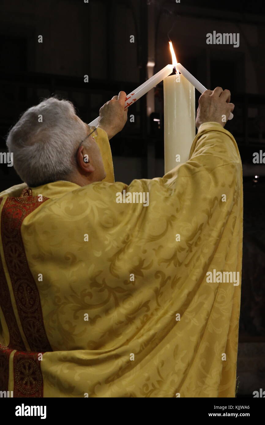 EaEaster vigil at Notre Dame du Travail catholic church, Paris. Baptisms. France. Stock Photo