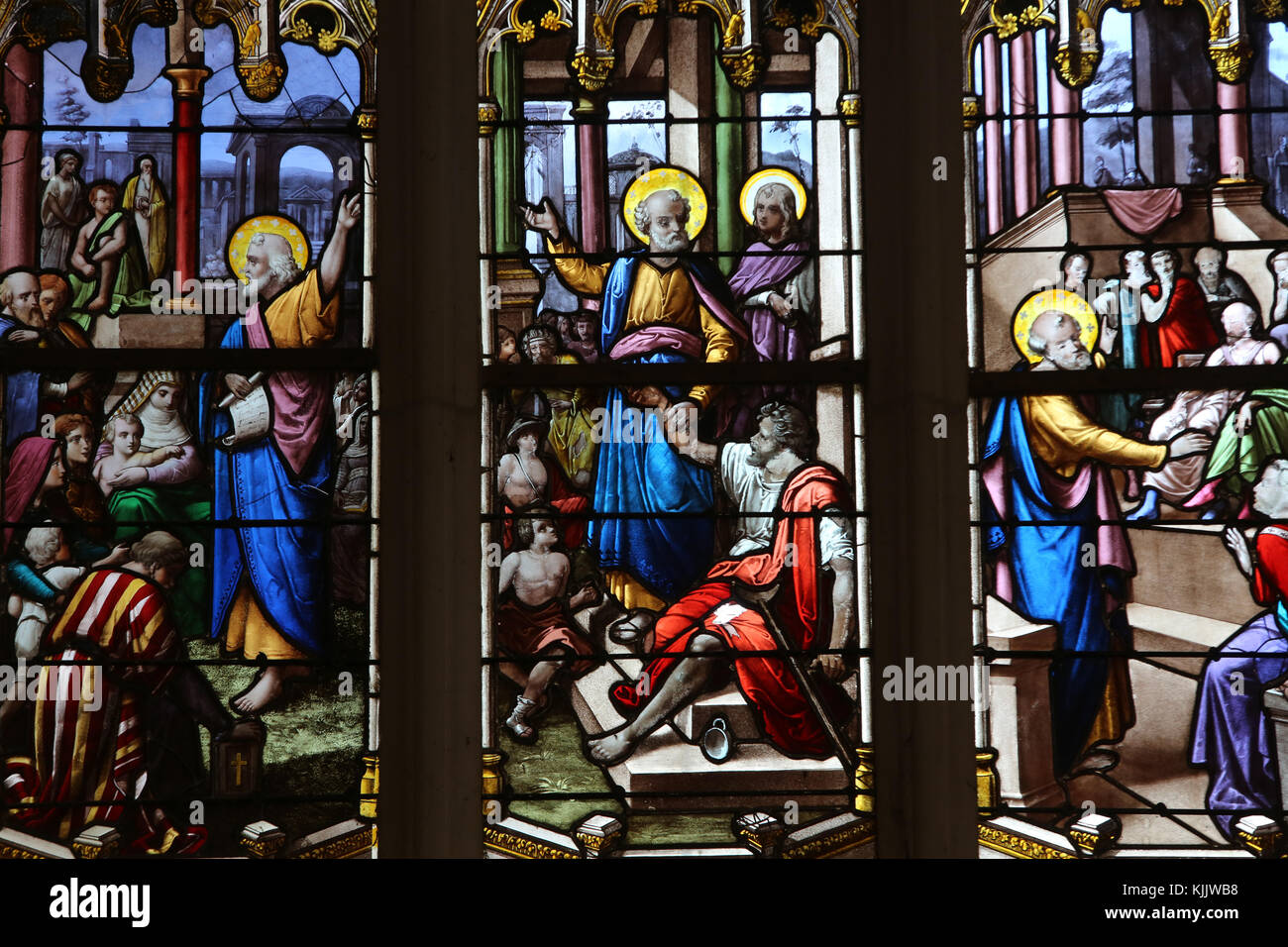 Notre Dame church, Dives sur Mer. Stained glass. Stock Photo