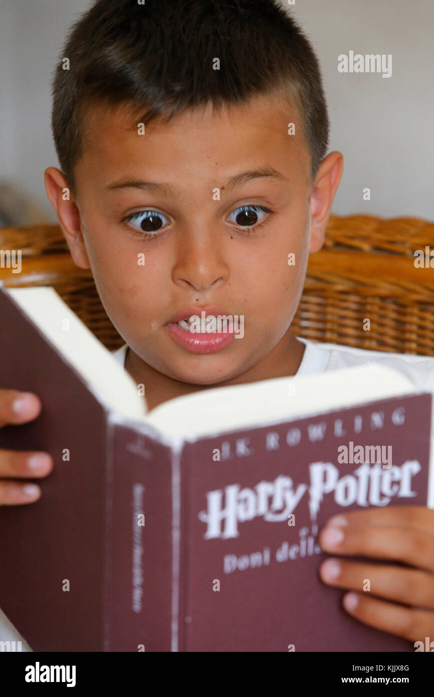 Boy reading Harry Potter. Stock Photo