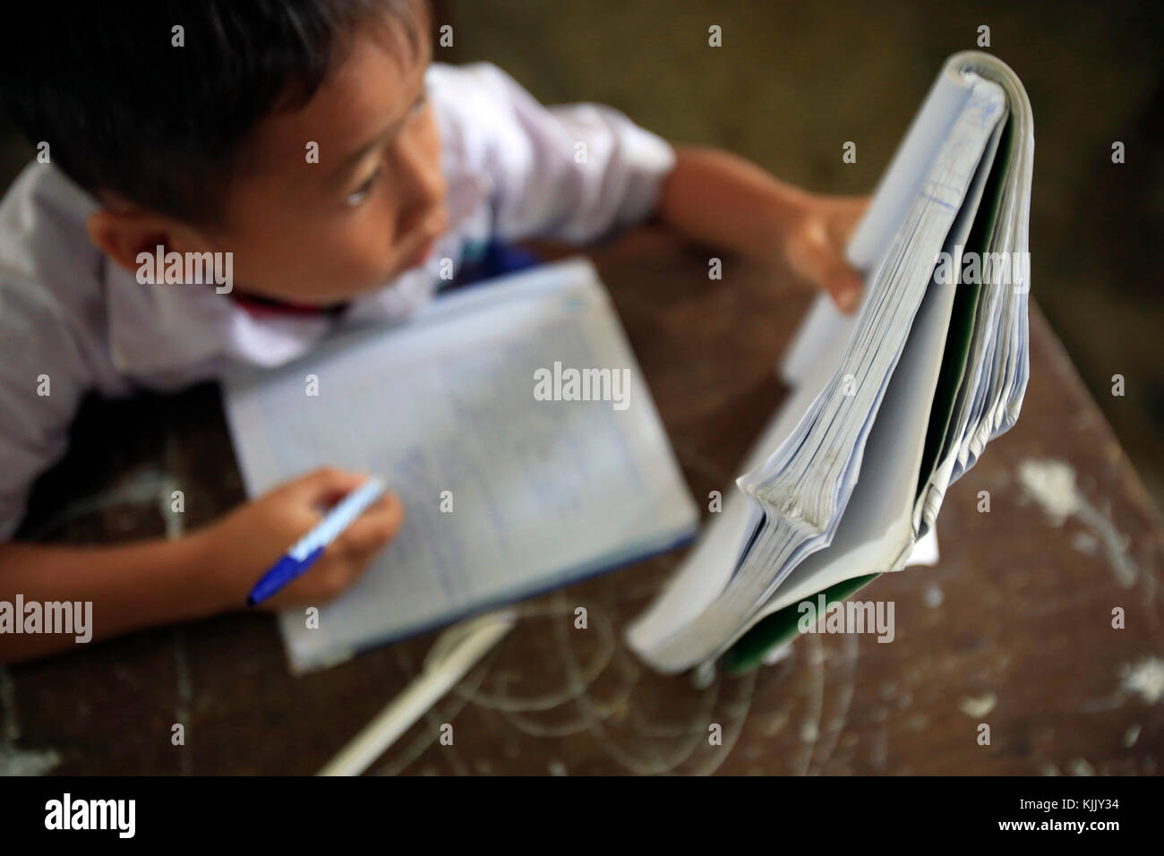 Elementary school.  Schoolboy reading textbook in classroom.  Laos. Stock Photo