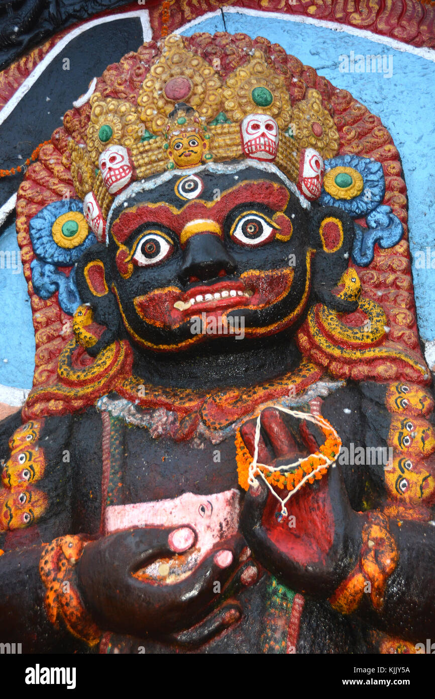 Kal Bhairav, Bhairav hindu deity (incarnation of Shiva). Indrachowk, Aakash Bhairav temple in Kathmandu. Nepal. Stock Photo