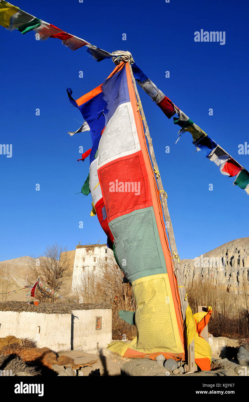 Prayer flag in a Mustang village. Nepal. Stock Photo