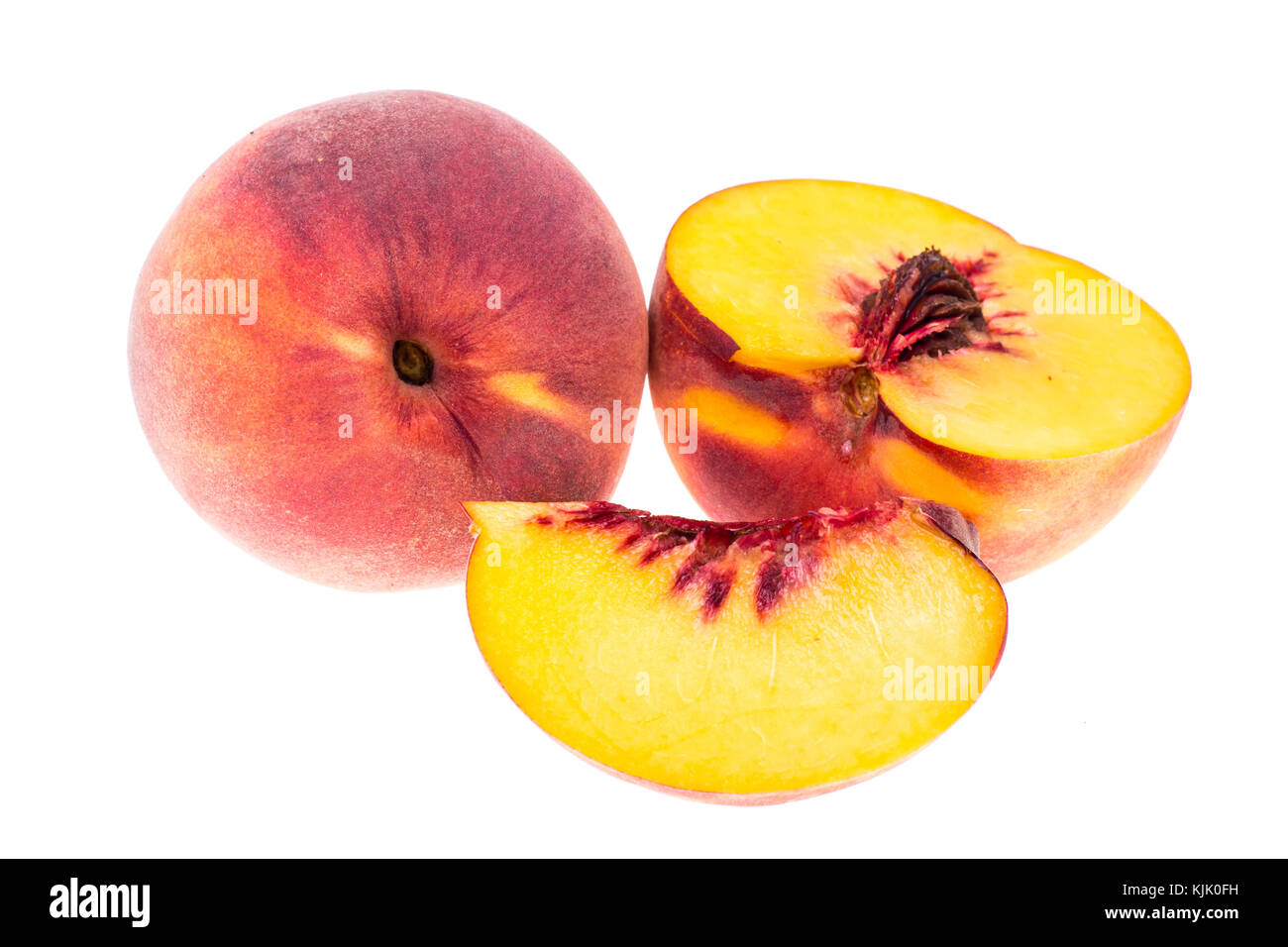 Delicious sweet ripe peach whole and slices on white. Studio Photo ...