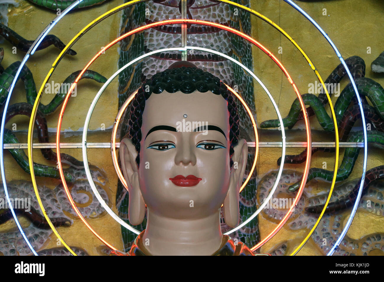 Van Hanh zen buddhist monastery. Buddha statue with neon circles. Dalat. Vietnam. Stock Photo