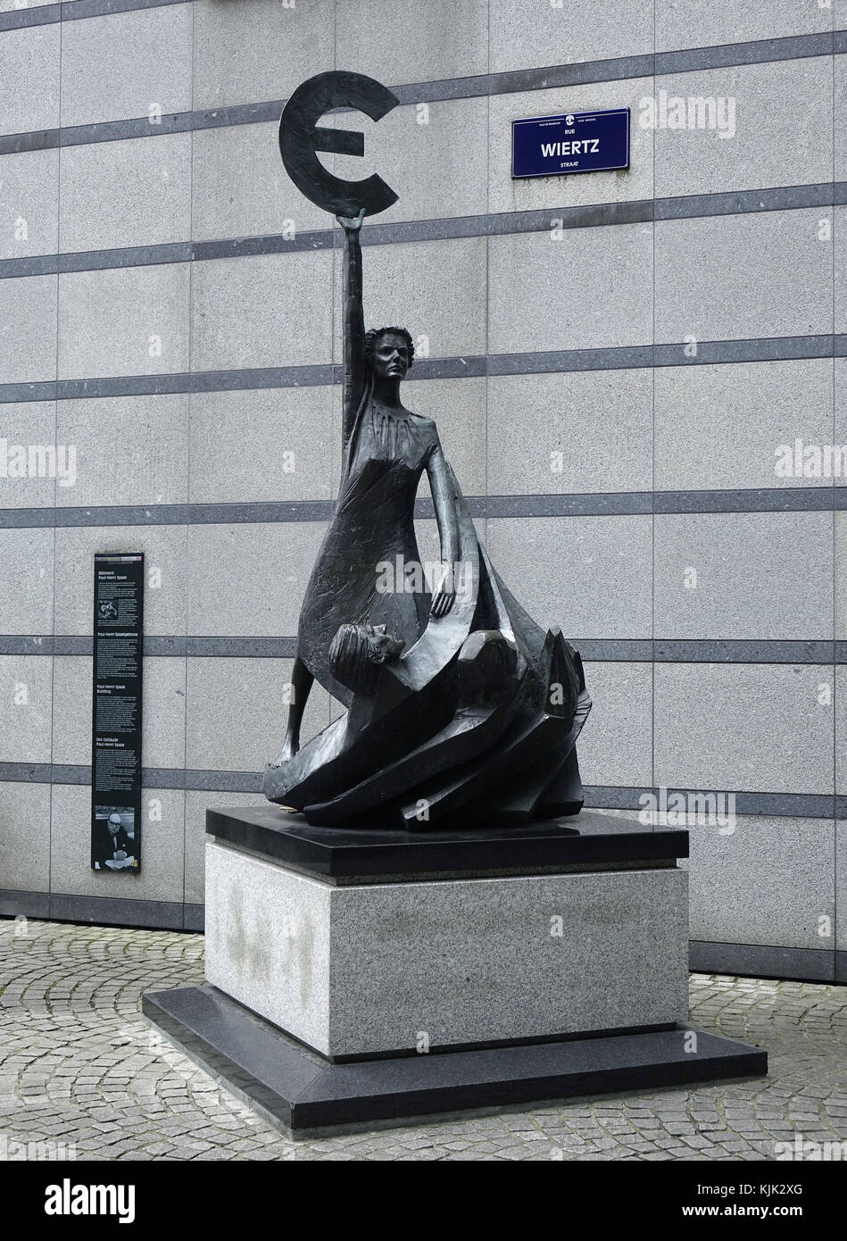 A Bronze statue of the goddess Europa holding a euro symbol outside the