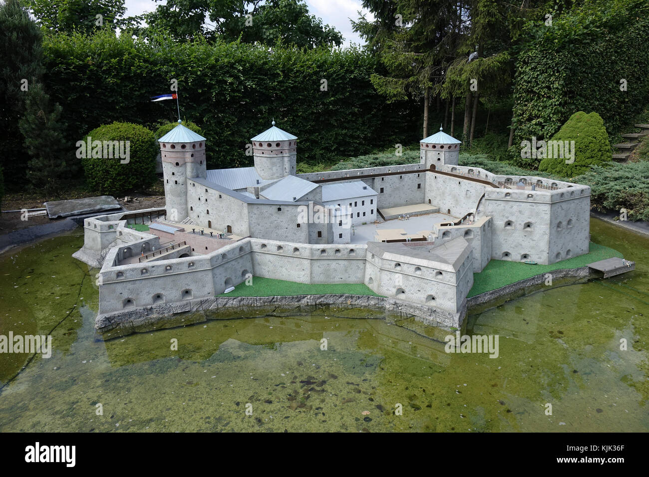 A miniature of Olavinlinna (lit. Olaf's Castle) in the Finnish city of Savonlinna at the exhibition site of Mini-Europe in the Belgian capital Brussels, 26.06.2017. Olavinlinna is a 15th-century castle founded by Erik Axelsson Tott and named after Saint Olof. Builidng work began in 1475, when Finnland was still part of the Swedish Kingdom. Olavinlinna is considered one of the best preserved Medieval castles in northern Europe. Mini-Europe is a park located in Bruparck at the base of the Atomium in Brussels. In the park, the most impressive monuments in the European Union are recreated on a sca Stock Photo