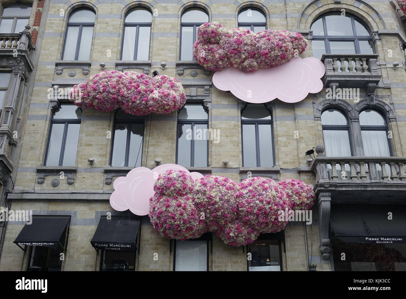 Pink blossom symbolising the so-called seventh heaven on the facade of a store of Chocolatier Pierre Marcolini in the Belgian capital Brussels, 24.06.2017. Belgium is famous for its chocolates. - NO WIRE SERVICE - Photo: Sascha Steinach/dpa-Zentralbild/dpa | usage worldwide Stock Photo