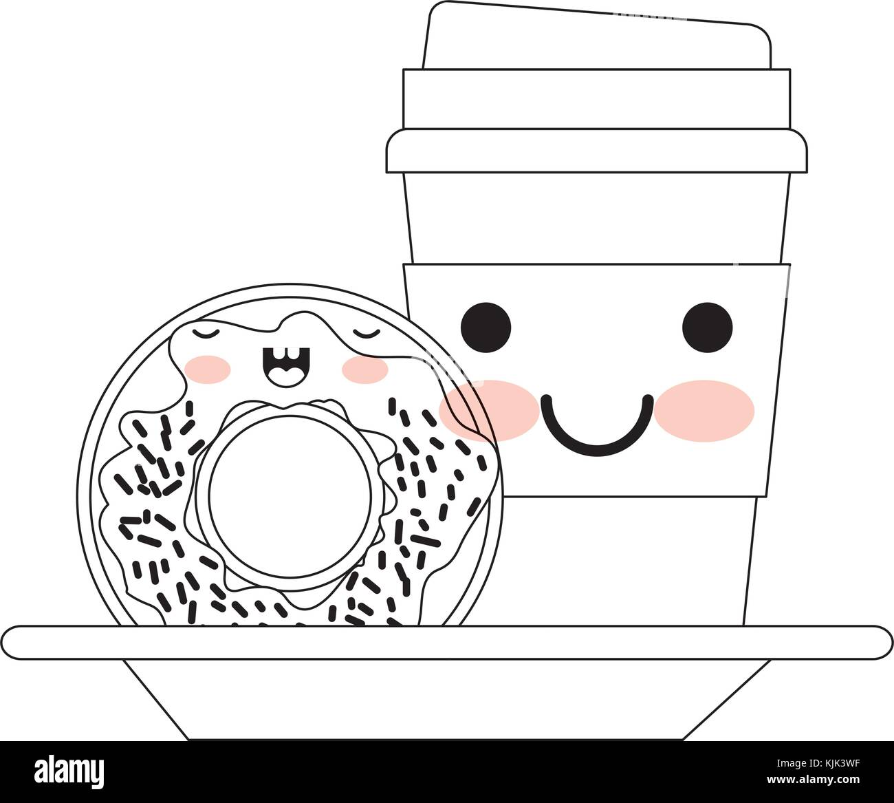 kawaii disposable coffee cup and donut cream glazed in monochrome ...