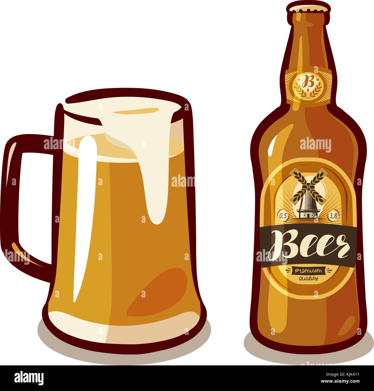 Mug of craft beer with foam, bottle ale or lager. Bar, pub, alcoholic beverages, drinks concept. Vector illustration Stock Vector