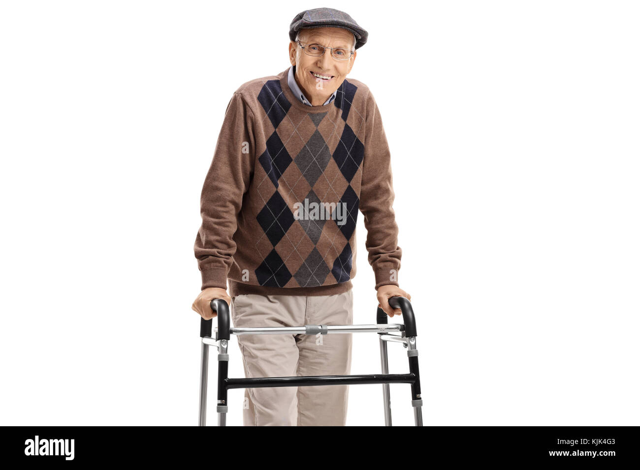Senior with a walker isolated on white background Stock Photo - Alamy