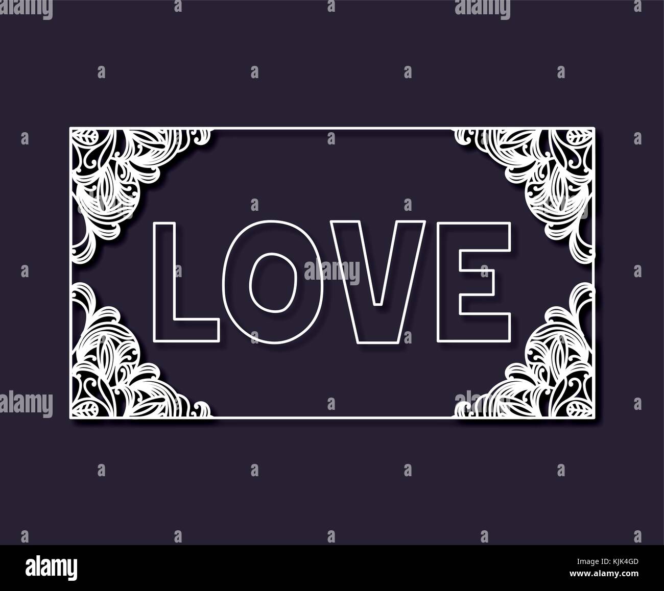 laser cutting of rectangular frame with floral border and love text inside with dark blue color background Stock Vector