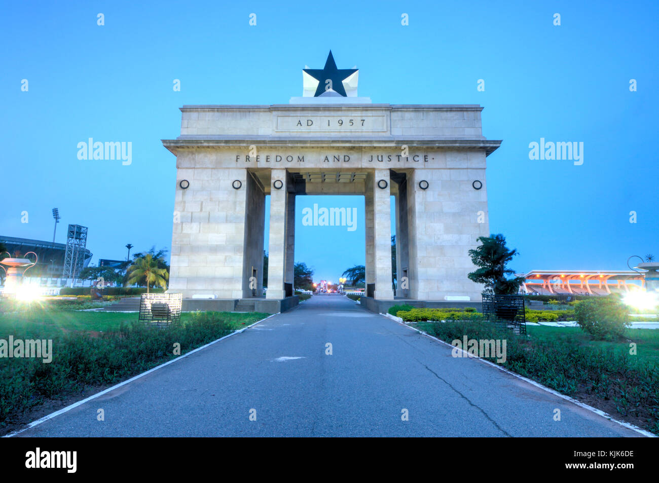 The Independence Arch of Independence Square of Accra, Ghana at sunset. Inscribed with the words 'Freedom and Justice, AD 1957', commemorates the inde Stock Photo