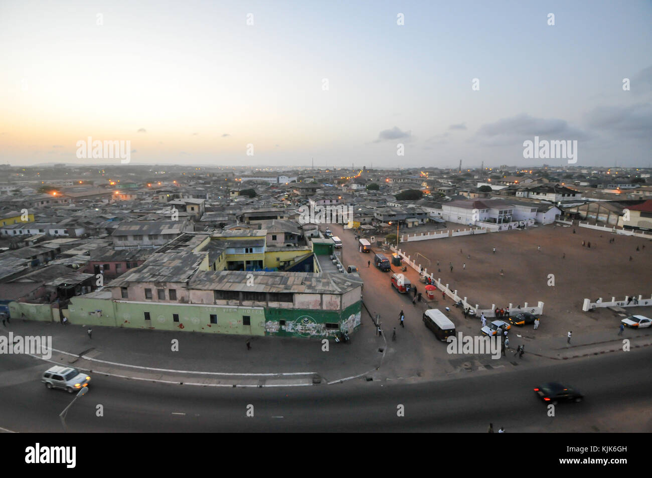 ACCRA, GHANA - APRIL 29, 2012: Panoramic view of Accra, Ghana in the evening from the Jamestown Lighthouse. Stock Photo