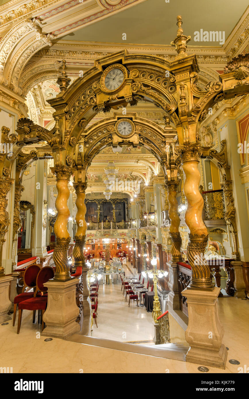 BUDAPEST, HUNGARY - NOVEMBER 29, 2014. One of the most beautiful and famous cafe in the world - New York Cafe in the Boscolo Hotel, Budapest . The caf Stock Photo
