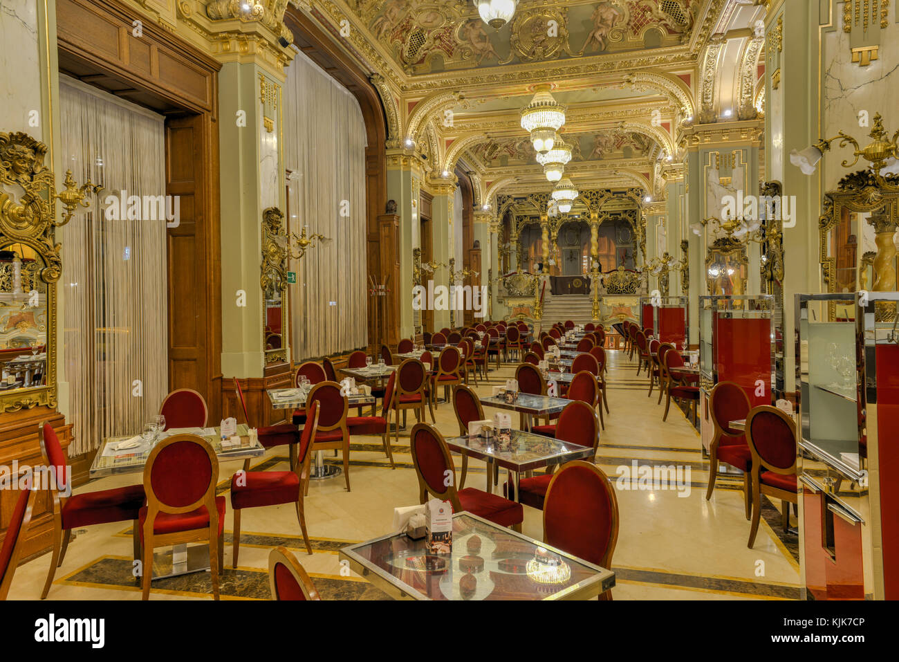 BUDAPEST, HUNGARY - NOVEMBER 29, 2014. One of the most beautiful and famous cafe in the world - New York Cafe in the Boscolo Hotel, Budapest . The caf Stock Photo