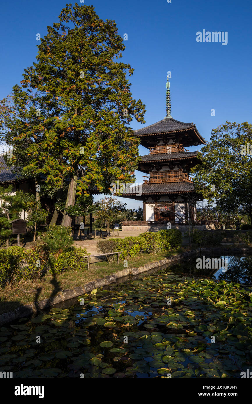 Hokki-ji Temple or temple of the Arising Dharma was once  known as Okamoto-dera.  Founded by Prince Shotoku who dedicated his life to spreading Buddhi Stock Photo