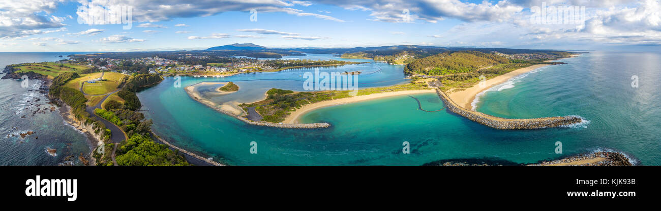 Aerial panorama of beautiful ocean coastline and inlet in Australia ...