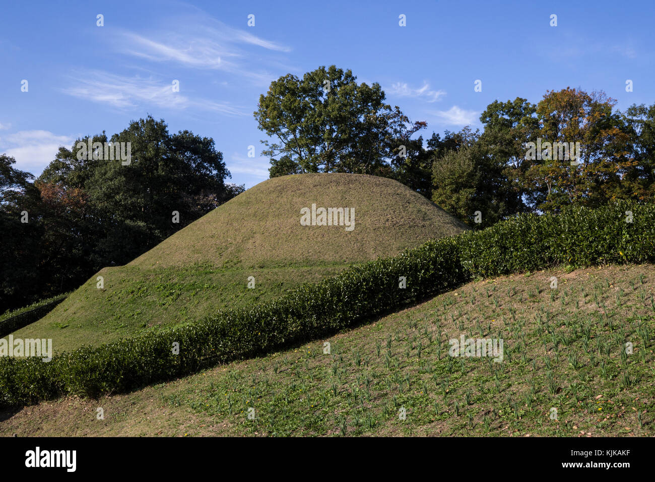 Takamatsuzuka Tumulus Burial Mound - There are many burial mounds in the Asuka Historical National Park and surrounding areas. Colored murals were dis Stock Photo
