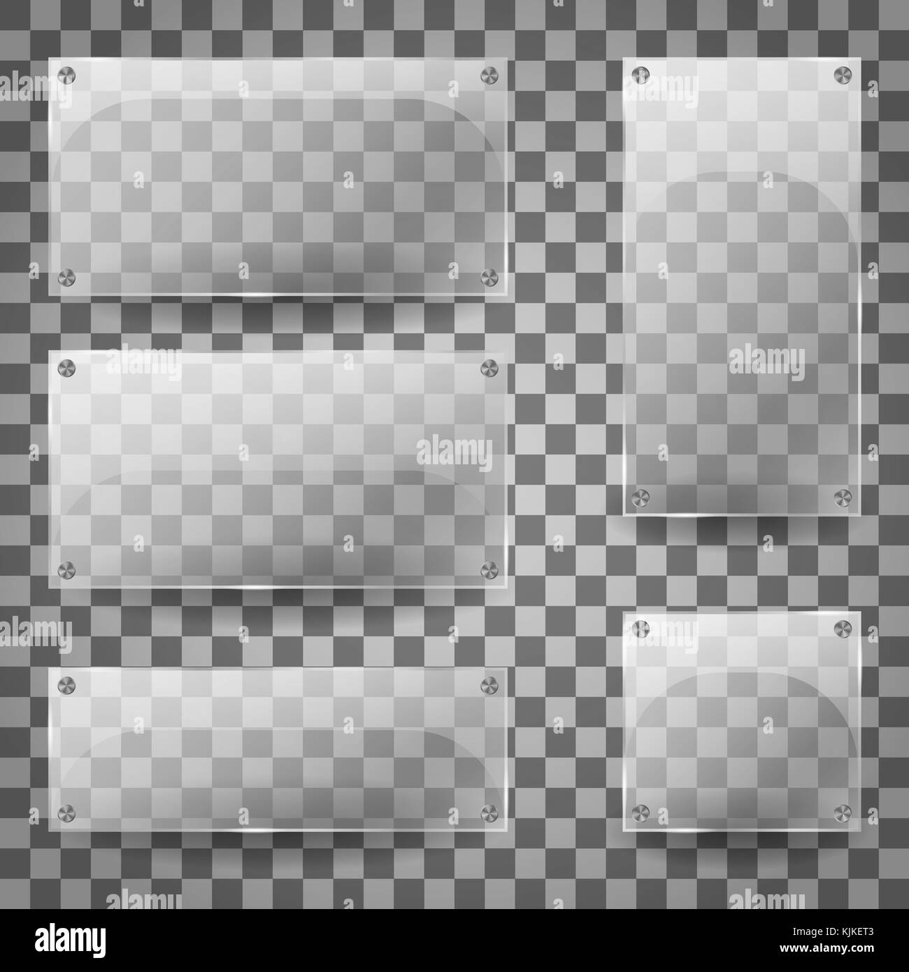 Transparent glass blank vertical and horizontal glossy empty banners on checkered background. Set of transparent glare glass plates. Vector Illustration Stock Vector