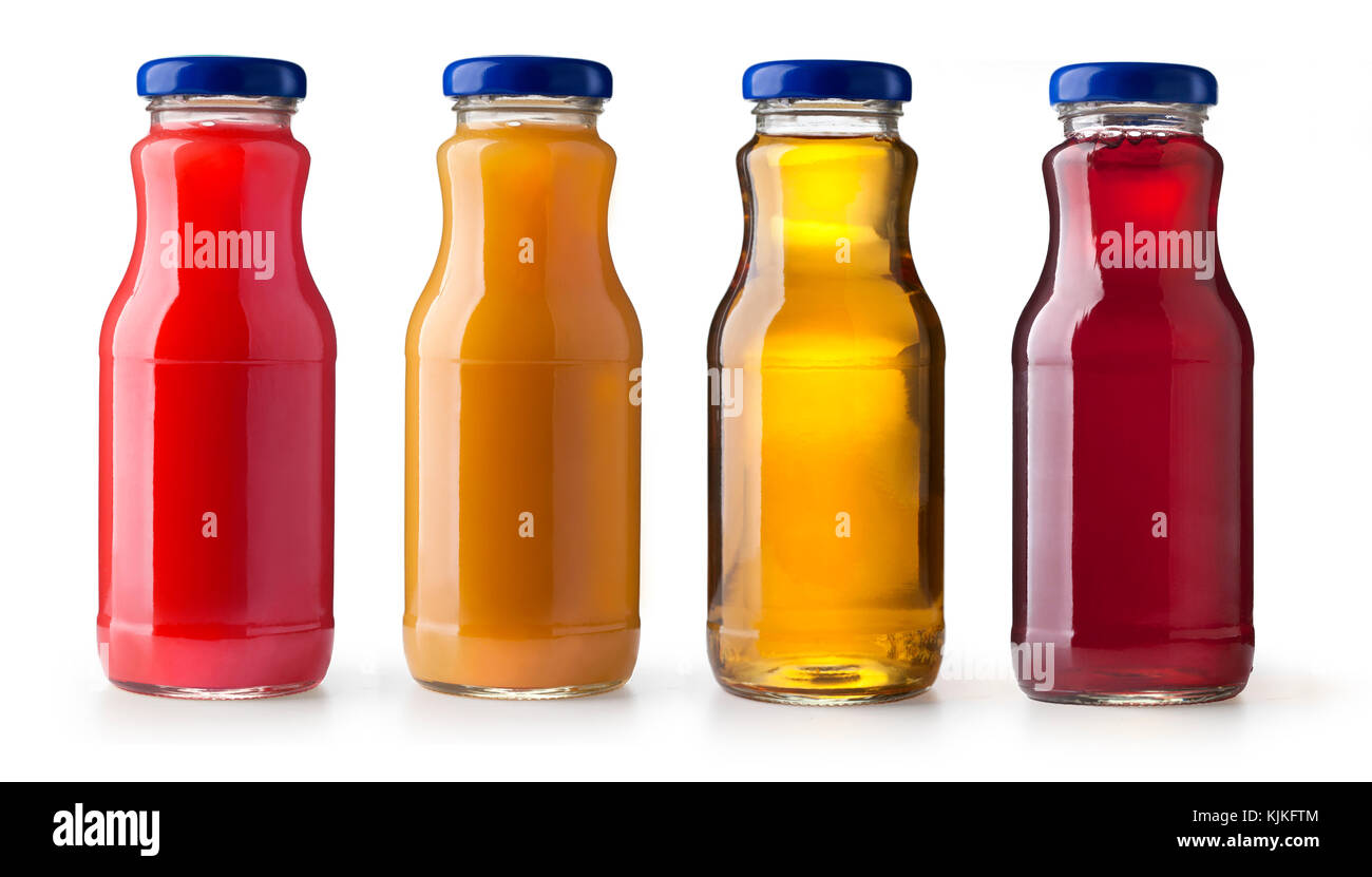different bottles of juice on white background Stock Photo Alamy