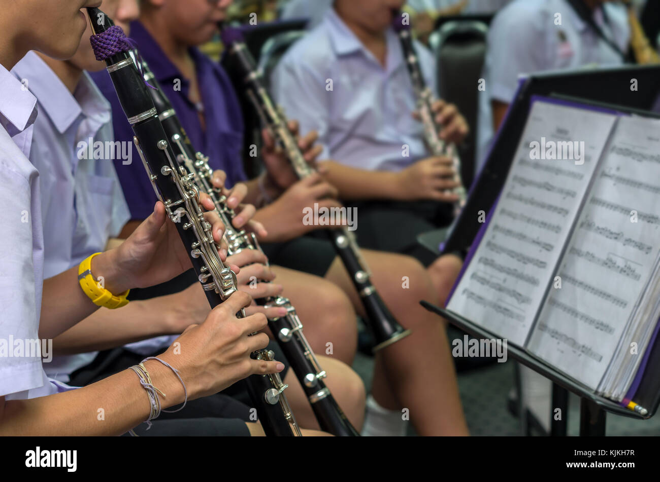 Close up of Clarinetist performance which is some part of classic music band when rehearsal, musical concept Stock Photo