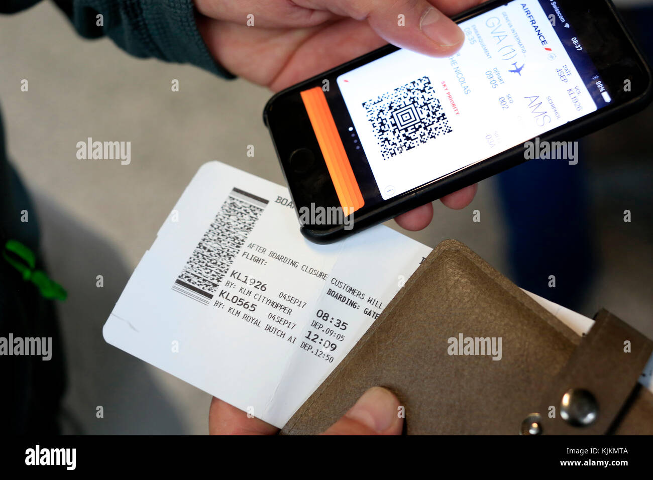 Geneva airport.  E-ticket on Iphone.  Switzerland. Stock Photo