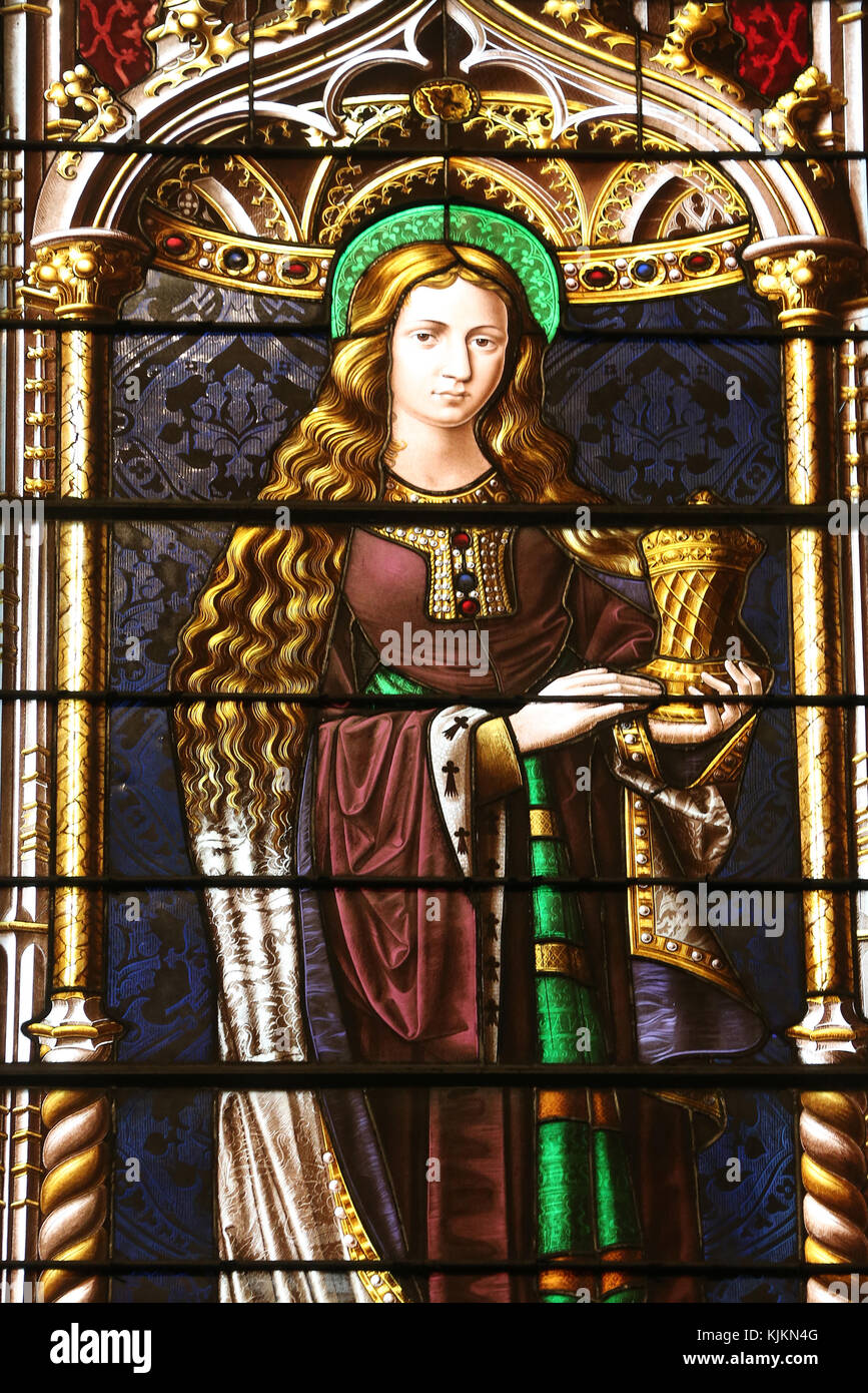Saint Pierre cathedral.  Stained glass window. Mary Magdalene.  Geneva. Switzerland. Stock Photo