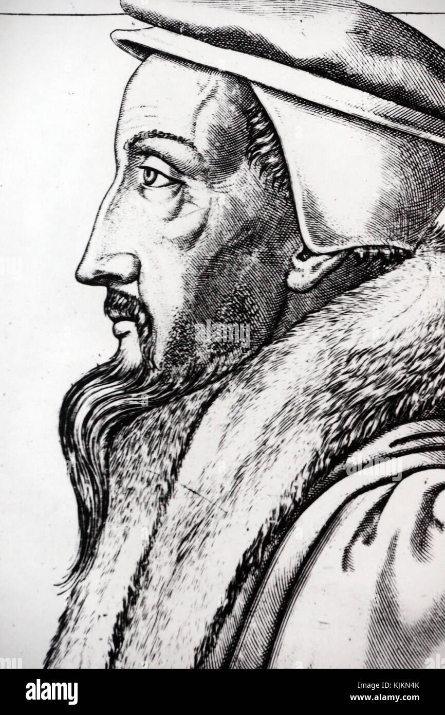 John Calvin at 53 years old in an engraving by RenŽ Boyvin. Geneva. Switzerland. Stock Photo