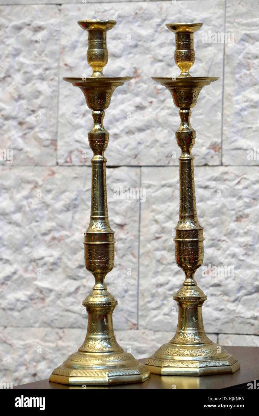 Two candlesticks for Shabbat.  Switzerland. Stock Photo