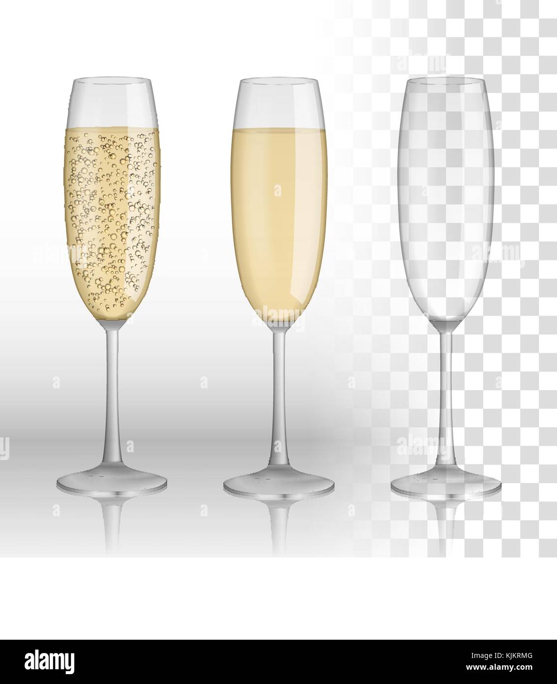 Full and empty glass of champagne and white wine isolated on a transparent background. vector glass. Holiday Merry Christmas and Happy New Year celebration concept. vector illustration Stock Vector