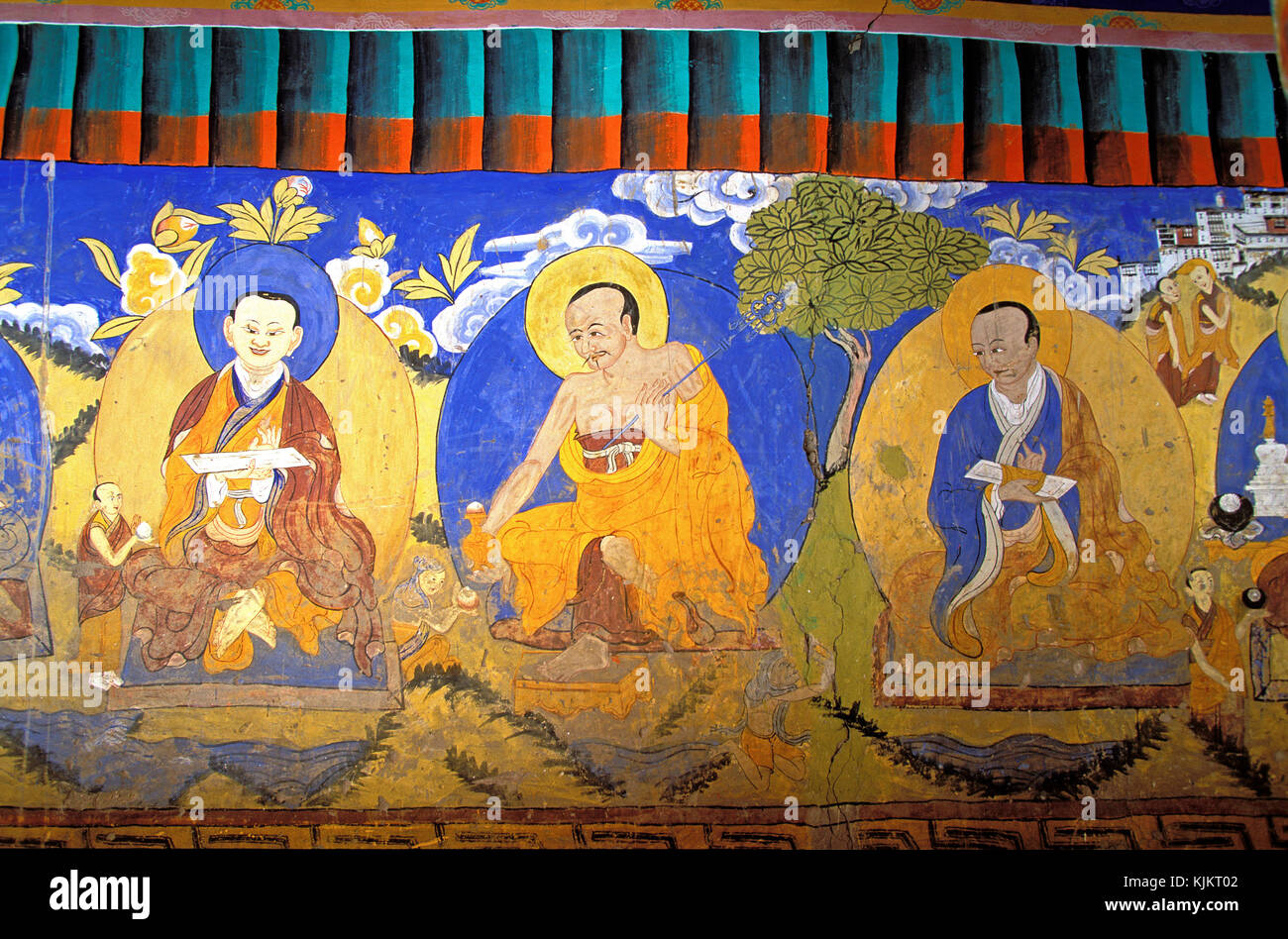 Tiksey buddhist monastery. Ladakh. Fresco depicting the Buddha and lamas.    India. Stock Photo