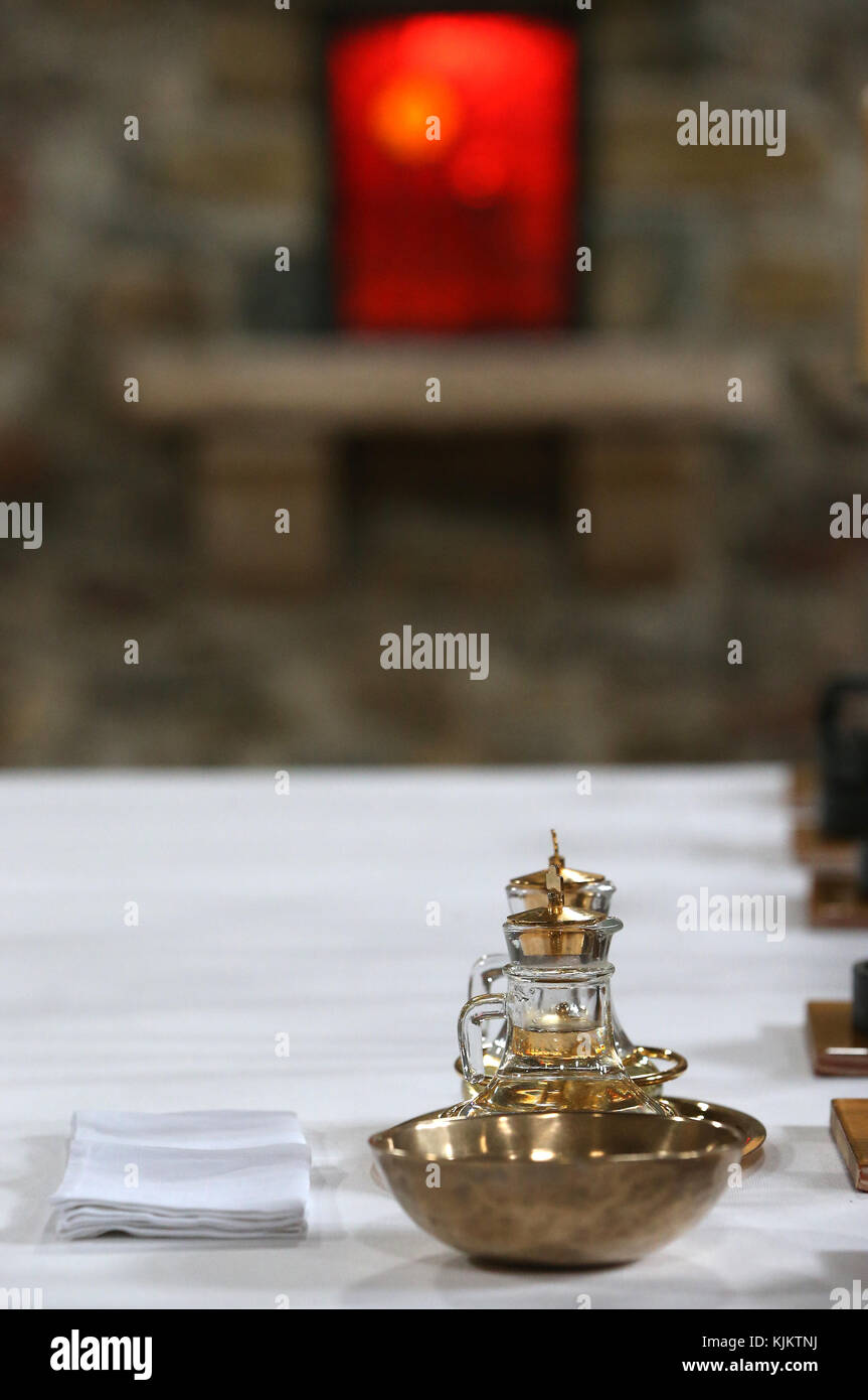 Cruets In Mass Rosans benedictine abbey. Catholic mass. Pair of cruets. France Stock ...