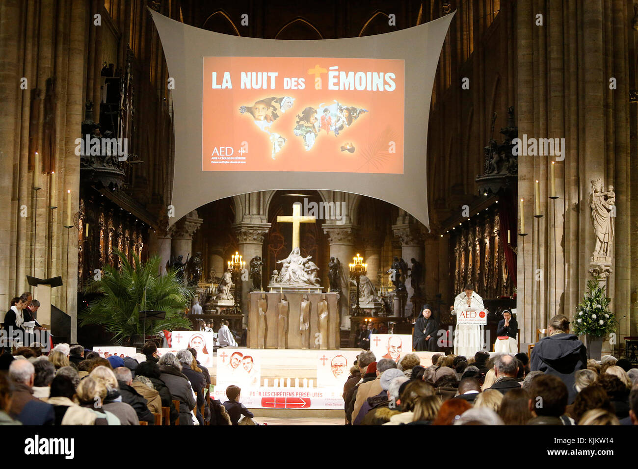 Vigil for today's Christian martyrs in Notre Dame cathedral, Paris. France. Stock Photo