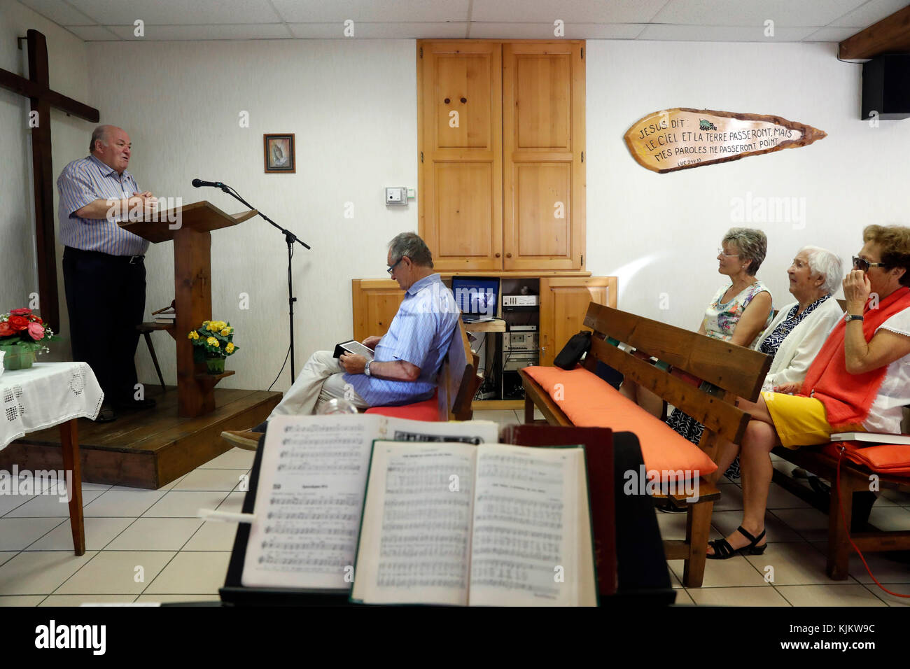 Sunday service at a Protestant church. Cluses. France. Stock Photo