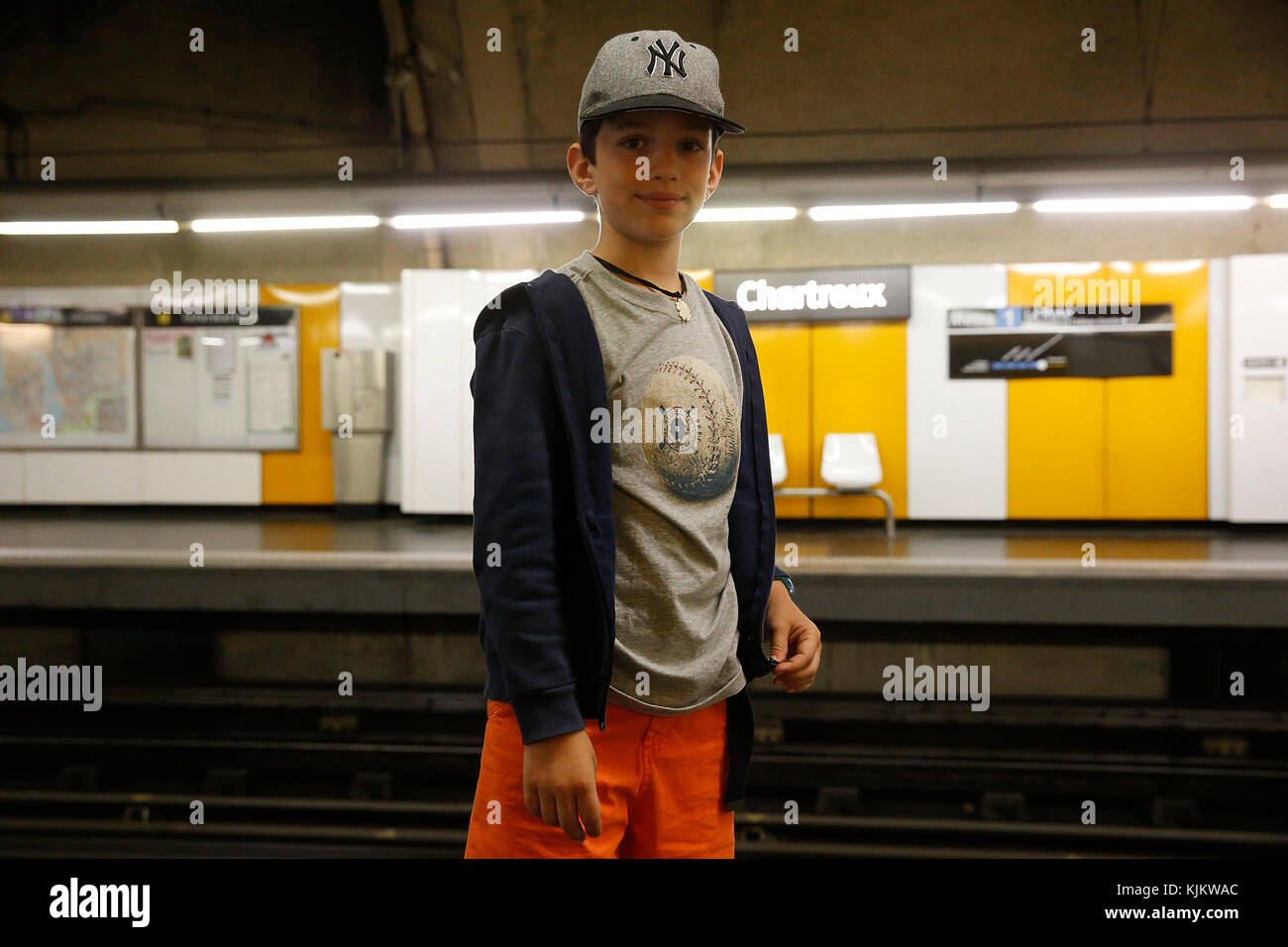 10-year-old boy in a subway station. Marseilles. France. Stock Photo