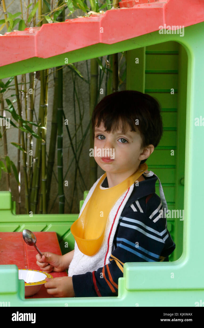 2-year-old boy in a kid's house. Marseilles. France. Stock Photo