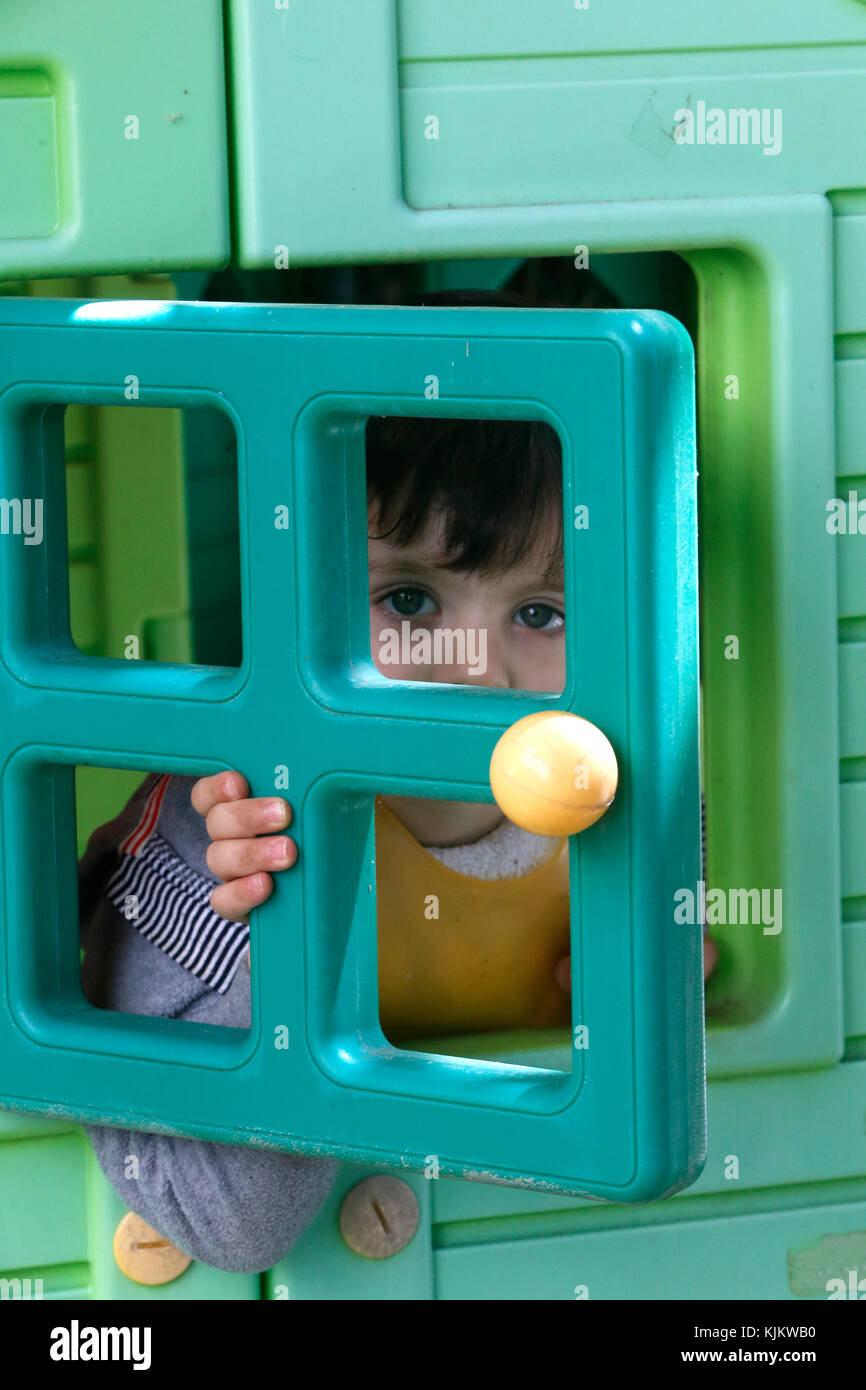 2-year-old boy in a kid's house. Marseilles. France. Stock Photo