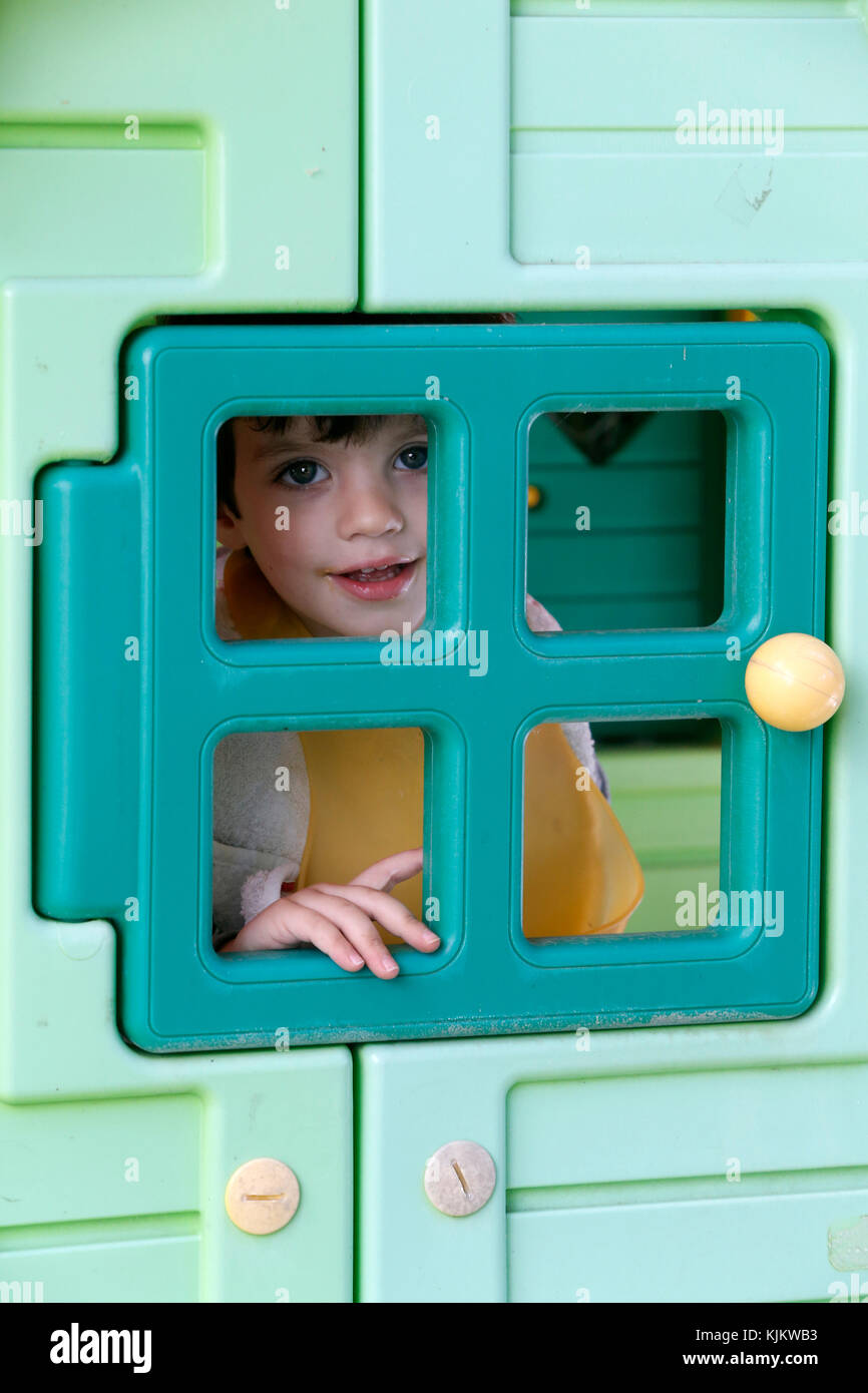 2-year-old boy in a kid's house. Marseilles. France. Stock Photo