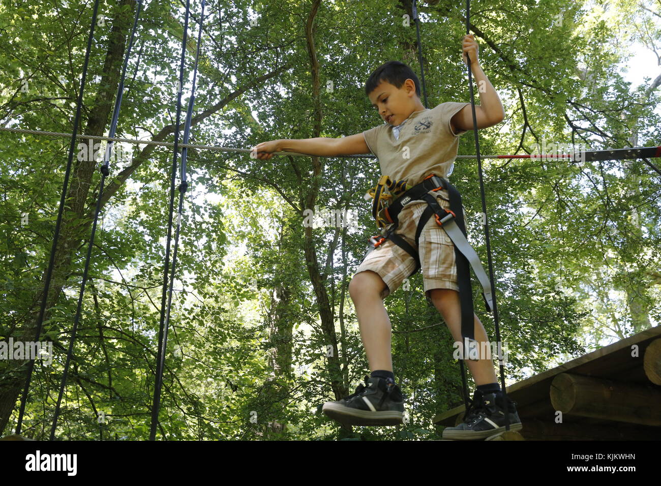 9-year-old boy on a ropes course. France. Stock Photo