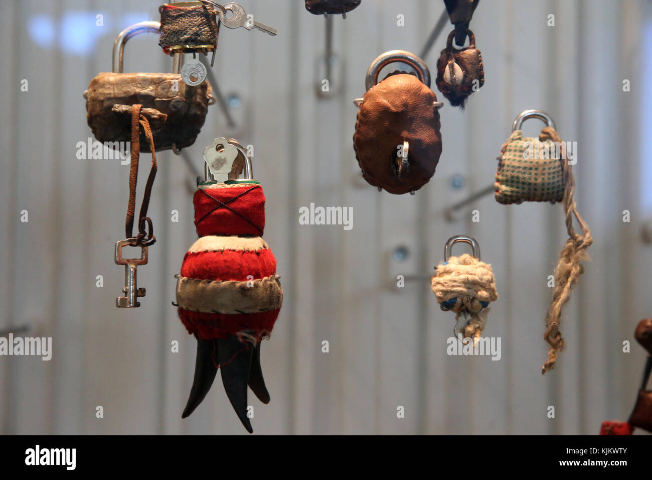 Museum of Mankind (Musee de l'Homme).  The museum is dedicated to anthropology, ethnology and prehistory of human evolution. Amulets from Senegal.  Fr Stock Photo