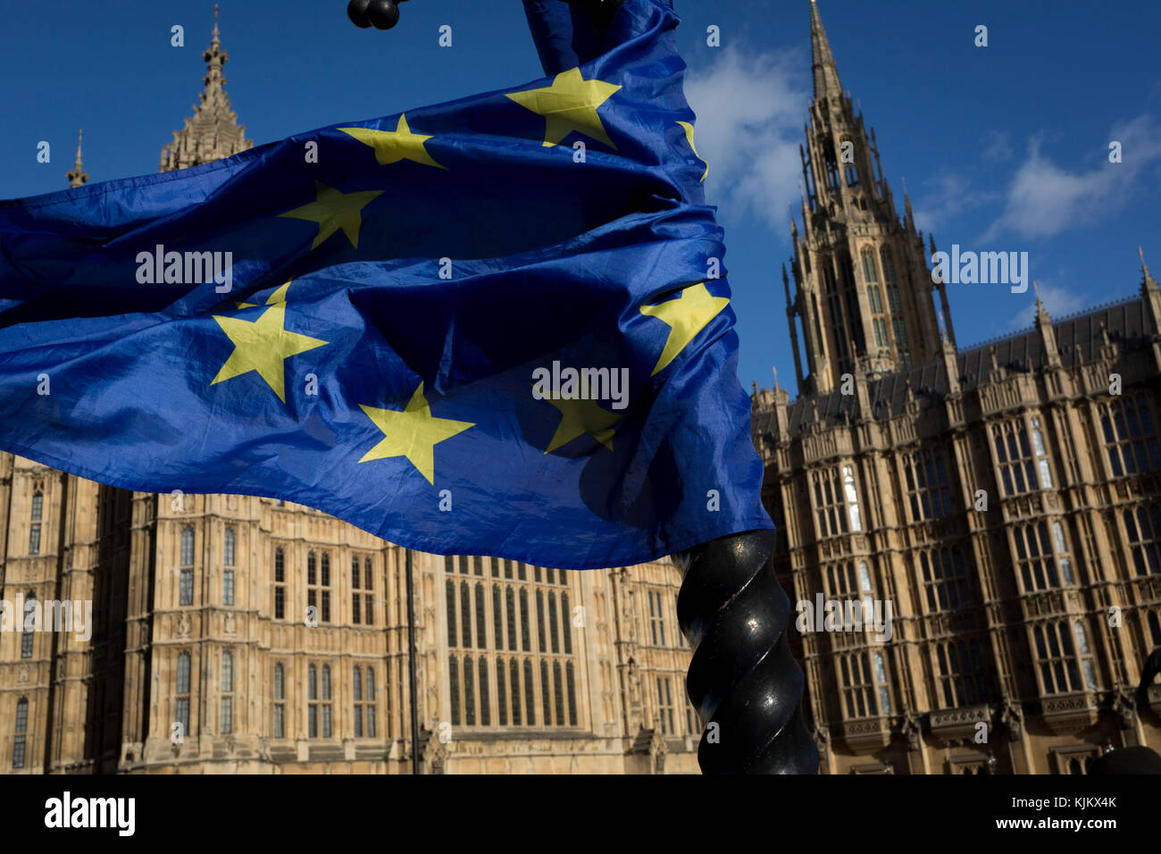 The stars of the EU flag is tangled on a lamp post near the Houses of Parliament in Westminster, seat of government and power of the United Kingdom during Brexit negotiations with Brussels, on 23rd November 2017, in London England. Stock Photo