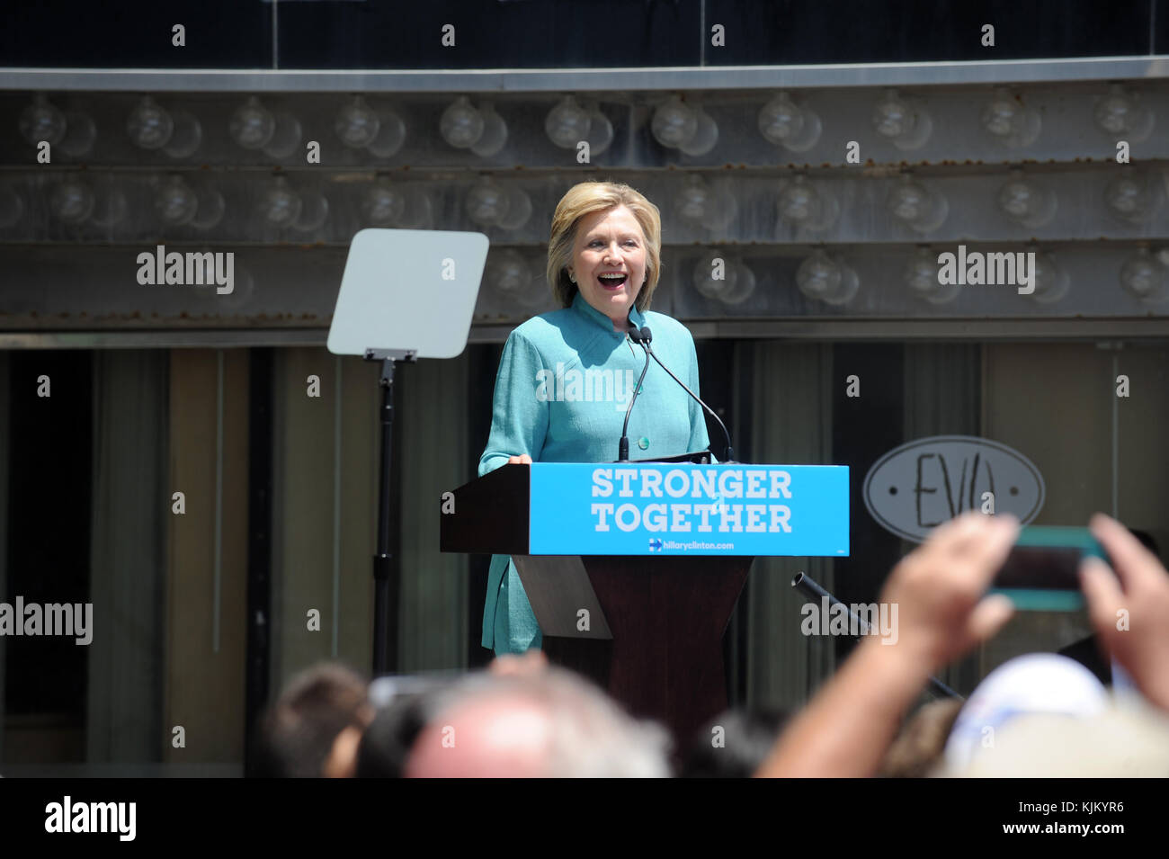 ATLANTIC CITY, NJ - JULY 06: Presumptive Democratic presidential nominee Hillary Clinton speaks at the podium at Boardwalk Hall Arena on July 6, 2016 in Atlantic City, New Jersey   People:  Hillary Clinton Stock Photo