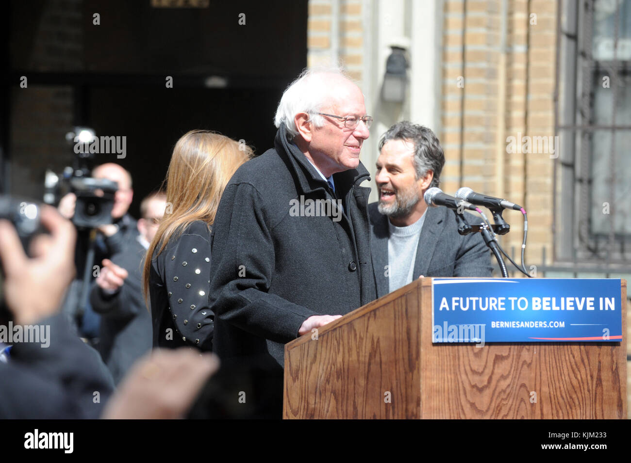 New York New York April 08 Actor Mark Ruffalo Introduces Bernie Sanders At Rally In Front Of The Building Where Bernie Sanders Grew Up In Brooklyn On April 8 2016 In