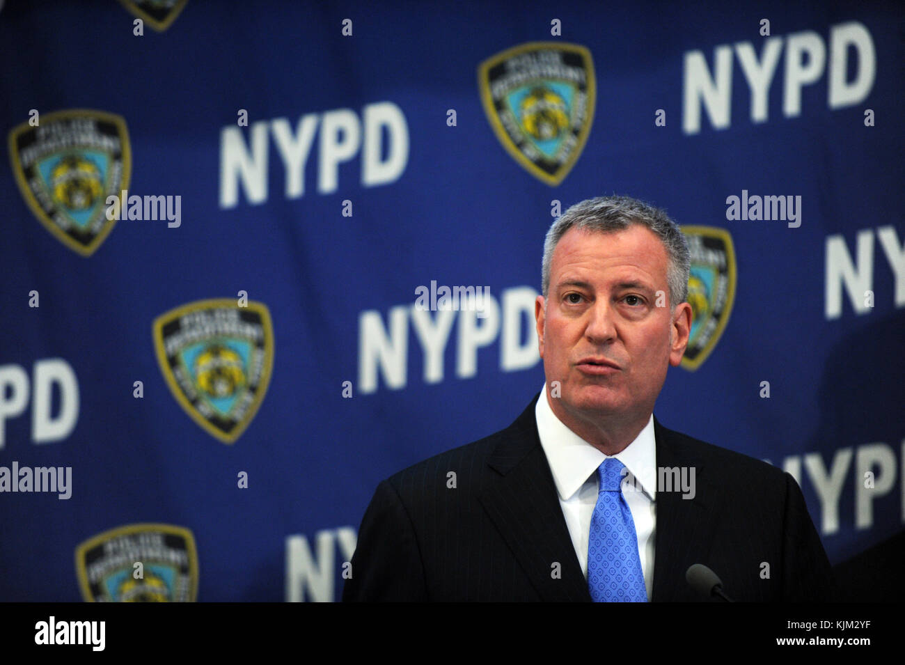 NEW YORK, NY - FEBRUARY 23: New York Mayor Bill de Blasio and Police Commissioner William Bratton announce CompStat 2.0 NYPD HQ on February 23, 2016 in New York City  People:  Bill de Blasio Stock Photo