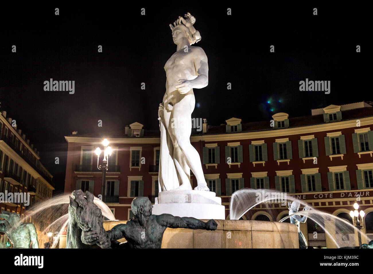 On the south side of the Place Massena in Nice is Fontaine du soleil. Stock Photo